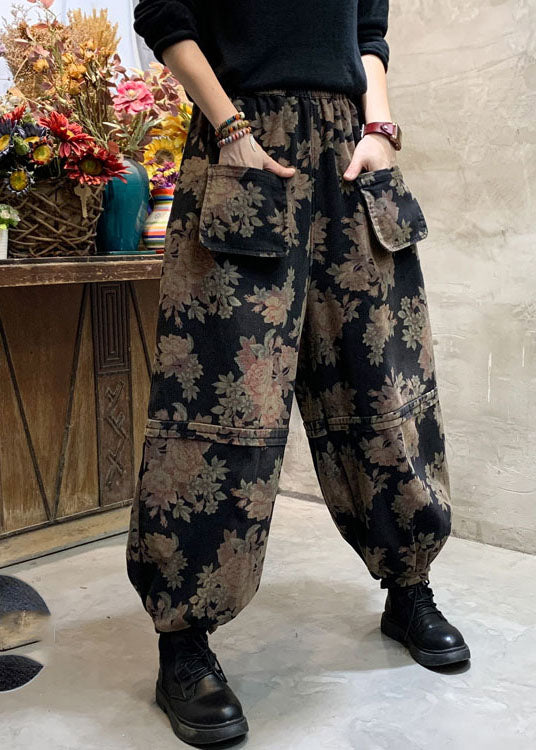Handmade Black Print Denim Lantern Pants Winter