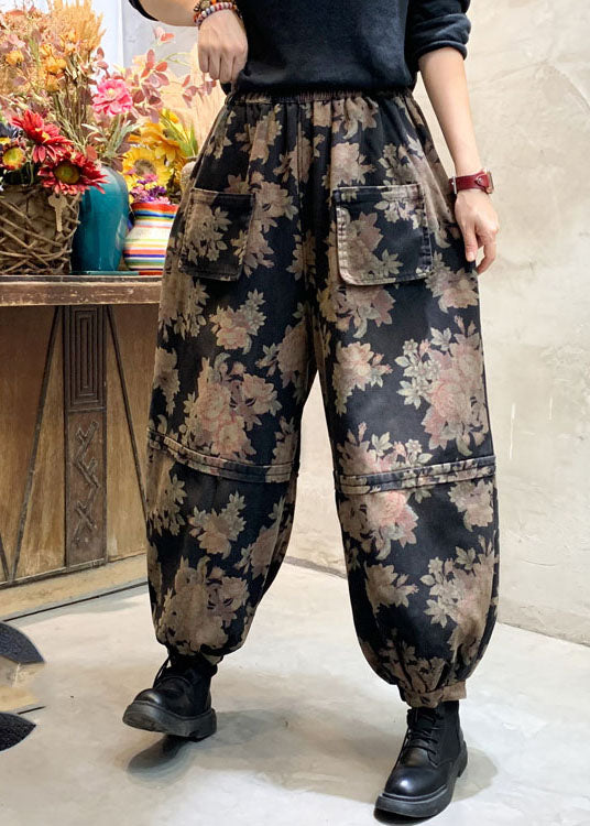 Handmade Black Print Denim Lantern Pants Winter