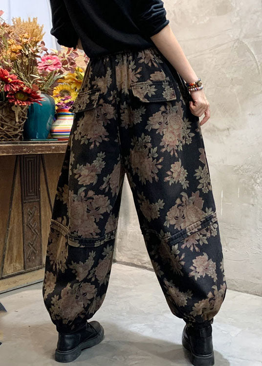 Handmade Black Print Denim Lantern Pants Winter
