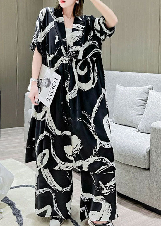 Handmade Black V Neck Cinched Print Silk Tops Wide Leg Pants Two Piece Set Outfits Spring
