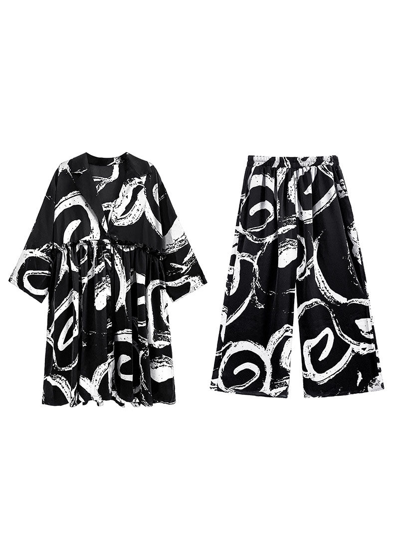 Handmade Black V Neck Cinched Print Silk Tops Wide Leg Pants Two Piece Set Outfits Spring