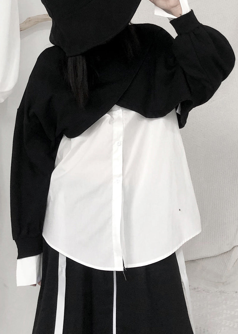 Handmade Black White Patchwork O-neck Button Cotton Top Long Sleeve