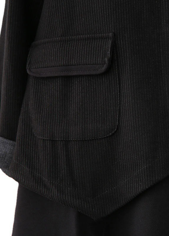 Handmade Black Drawstring Patchwork Striped Coat Fall