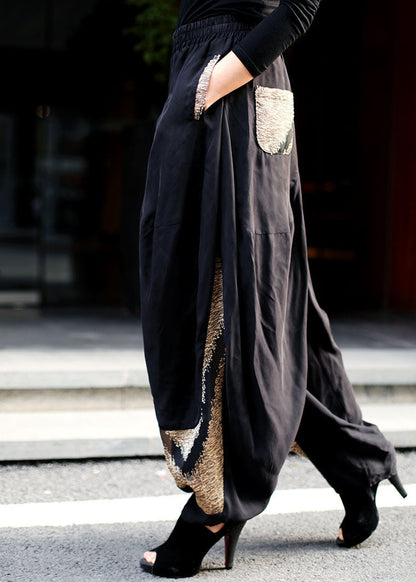 Handmade Black Elastic Waist Patchwork Pants Spring