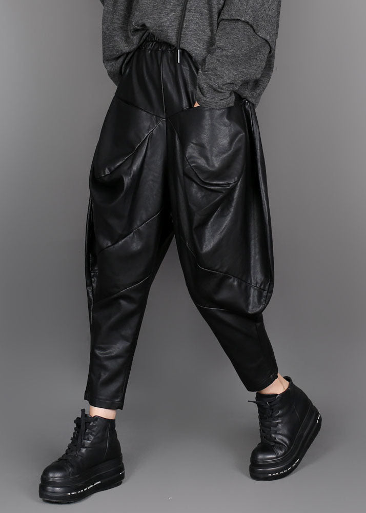 Handmade Black Patchwork Faux Leather Pants Winter