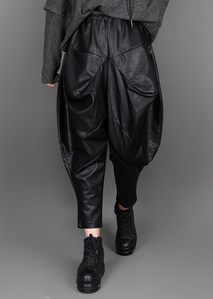 Handmade Black Patchwork Faux Leather Pants Winter