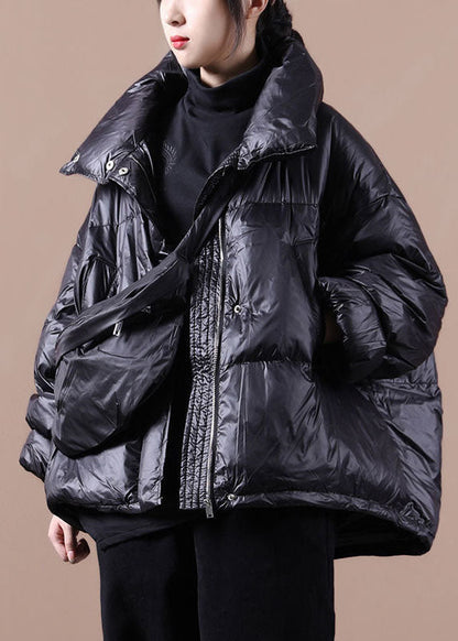 Handmade Black Zippered Button Winter Duck Down Jacket