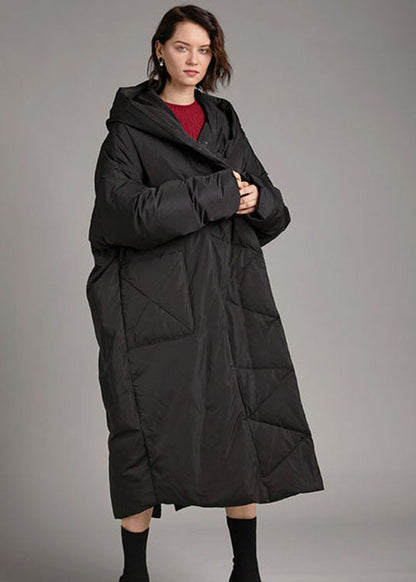 Handmade Black Hooded Pockets Loose Winter Down Coat