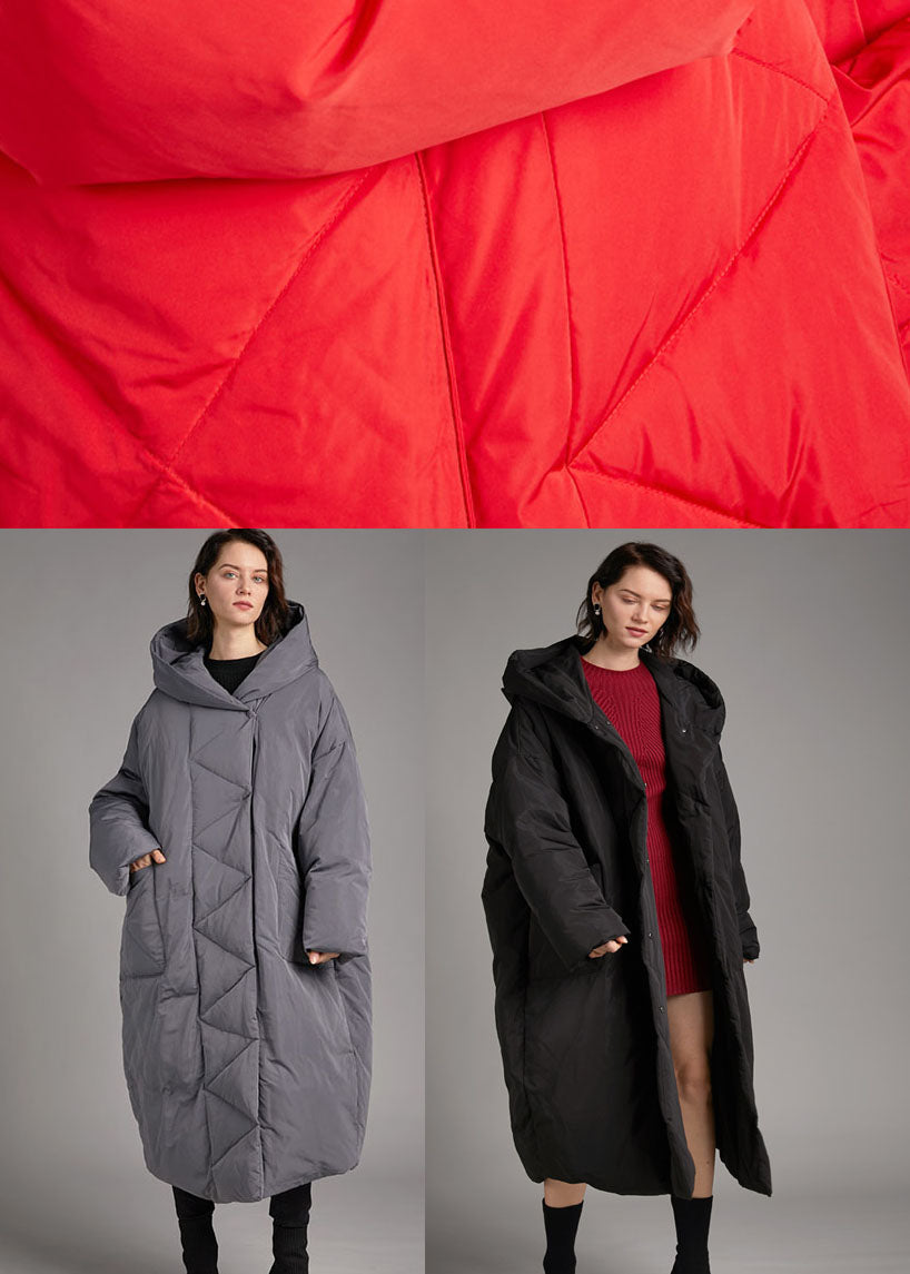 Handmade Black Hooded Pockets Loose Winter Down Coat