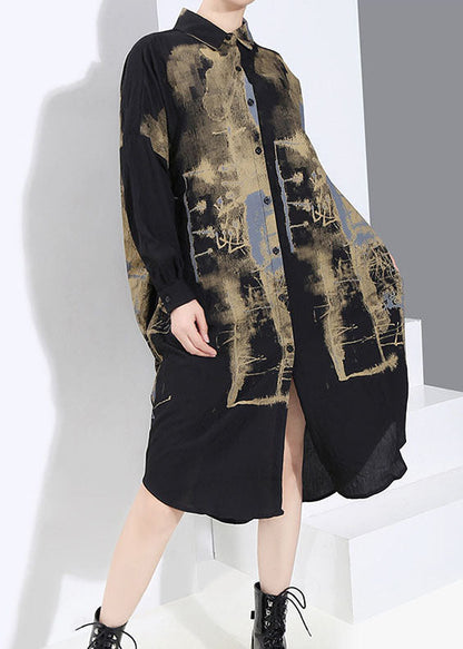 Handmade Black Low High Design Peter Pan Collar Print Shirt Dress Spring