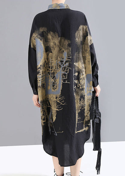 Handmade Black Low High Design Peter Pan Collar Print Shirt Dress Spring