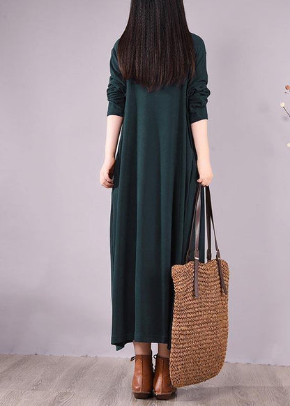 Handmade Blackish Green Embroidery Clothes High Neck Cinched Robes Spring Dresses