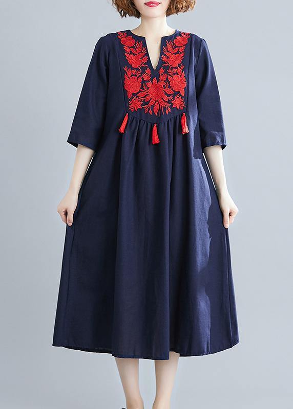 Handmade Blue Clothes V Neck Tassel Spring Linen Dresses