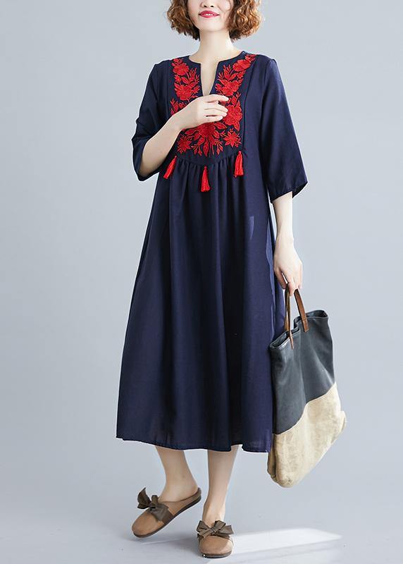 Handmade Blue Clothes V Neck Tassel Spring Linen Dresses