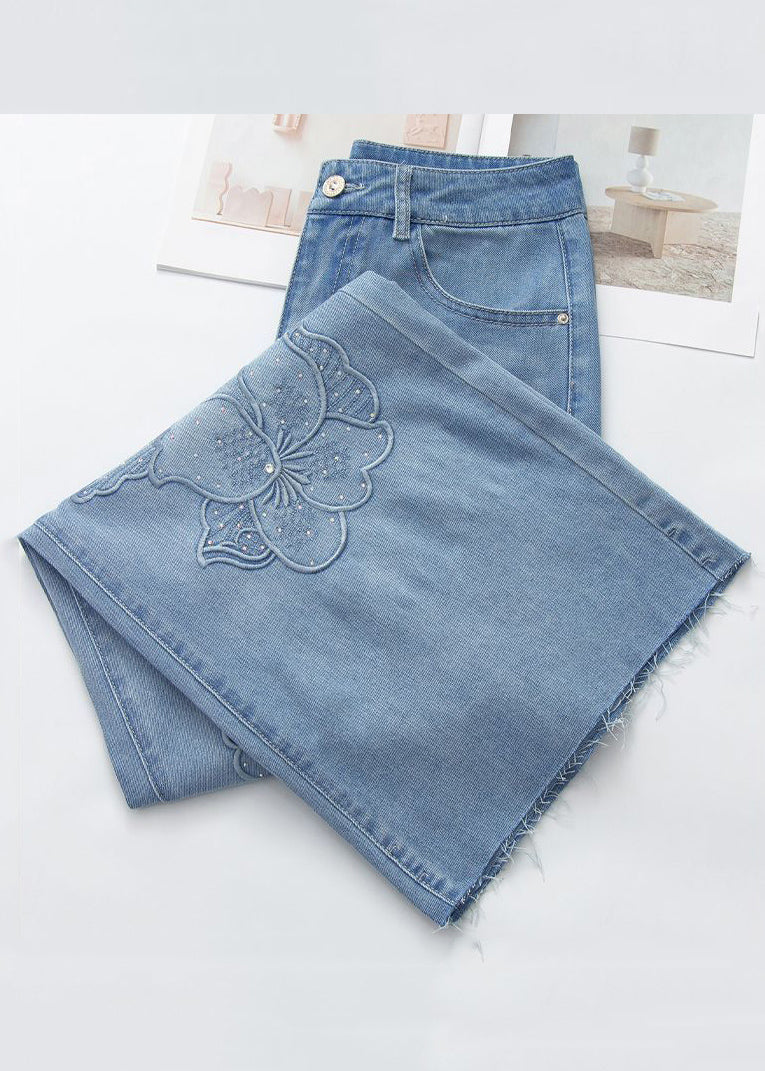Handmade Blue Embroidered Zircon Denim Pants Spring