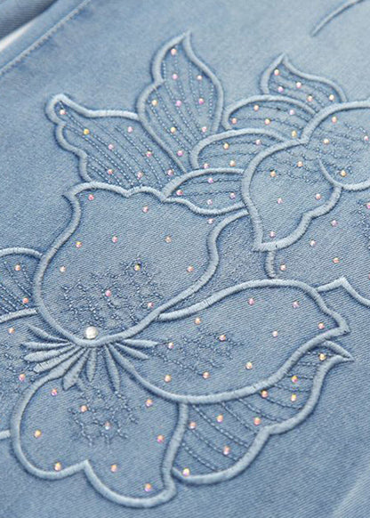 Handmade Blue Embroidered Zircon Denim Pants Spring