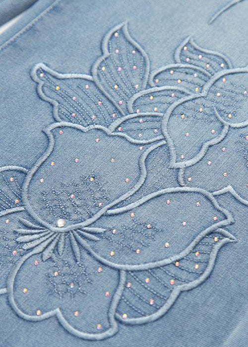 Handmade Blue Embroidered Zircon Denim Pants Spring
