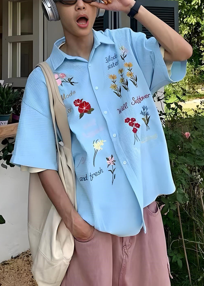 Handmade Blue Embroideried Plaid Cotton Shirt Summer