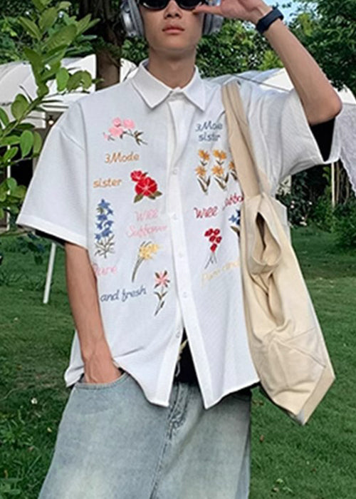 Handmade Blue Embroideried Plaid Cotton Shirt Summer