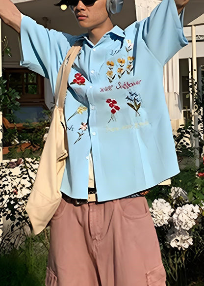 Handmade Blue Embroideried Plaid Cotton Shirt Summer