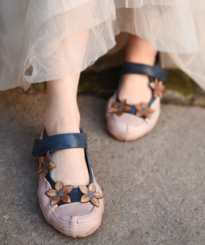 Handmade Blue Cowhide Leather Flat Shoes Buckle Strap