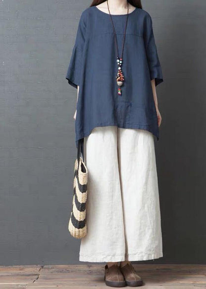 Handmade Royal Blue Linen Cotton Low High Design Shirt Top