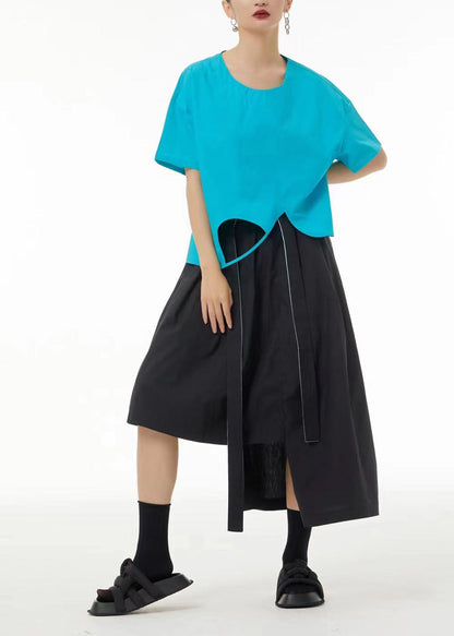 Handmade Blue O-neck Asymmetrical Design Cotton Tanks Summer