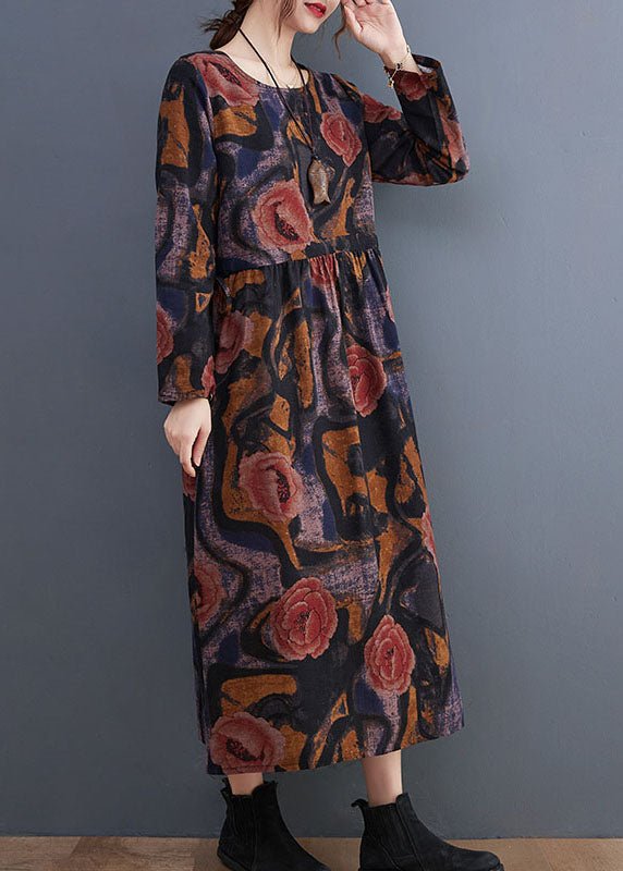 Handmade Blue O-neck Cinched Cotton Maxi Dress Long Sleeve
