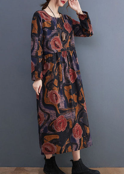 Handmade Blue O-neck Cinched Cotton Maxi Dress Long Sleeve