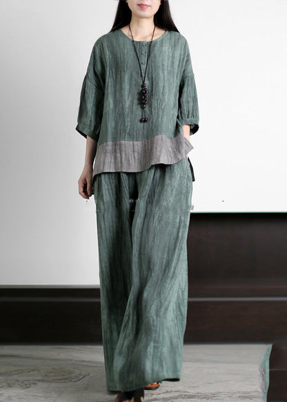 Handmade Blue O-neck Patchwork Linen Top and Wide Leg Pants Two Piece Set Summer