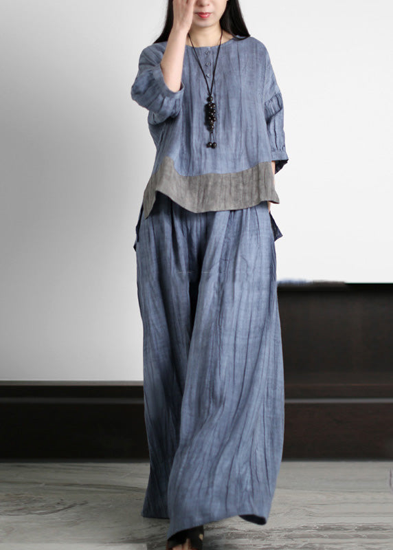Handmade Blue O-neck Patchwork Linen Top and Wide Leg Pants Two Piece Set Summer