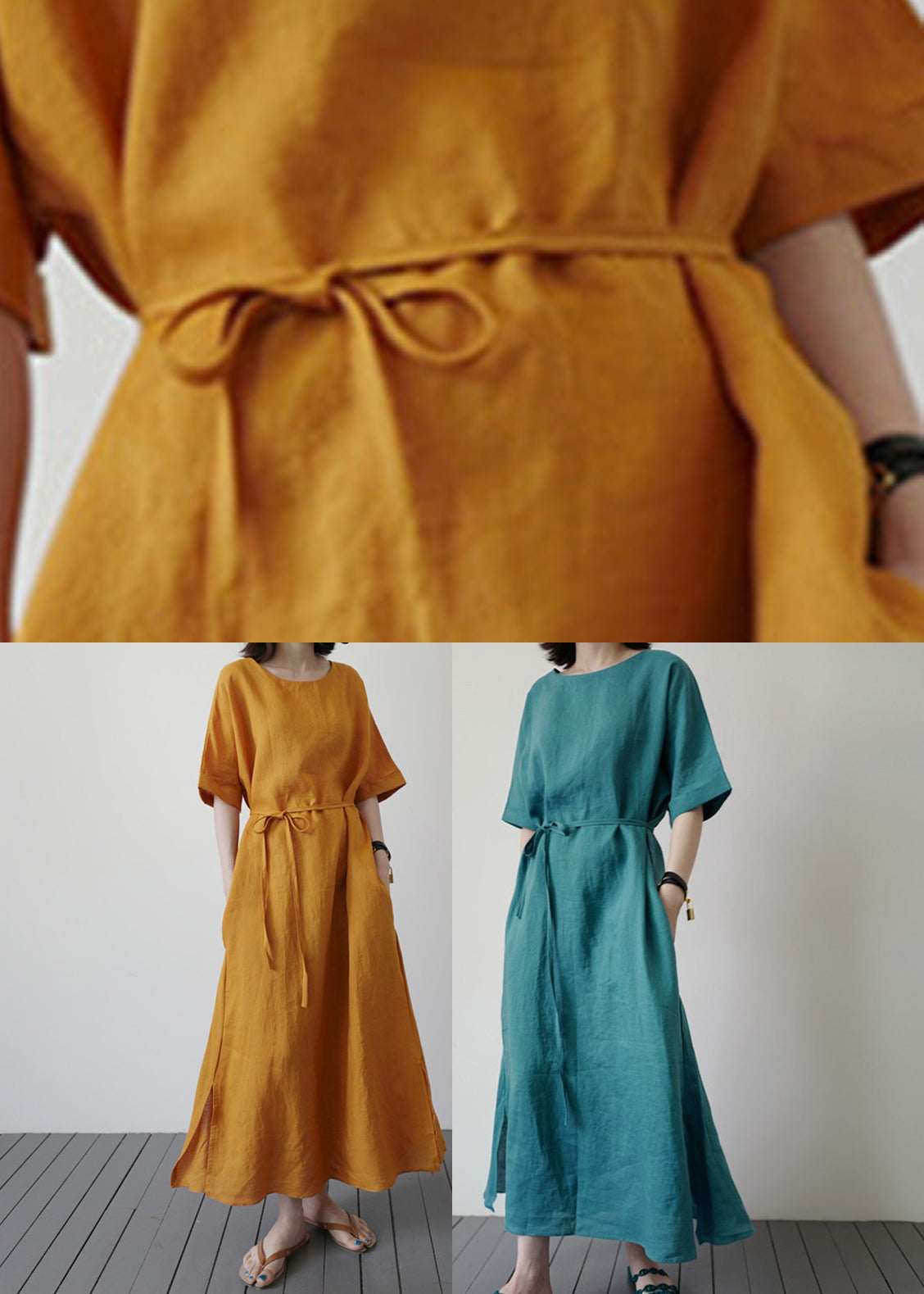 Handmade Blue O-neck Tie Waist Long Dresses Summer