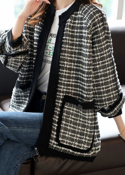 Handmade Blue O-neck Zippered Striped Patchwork Pockets Coats Long Sleeve