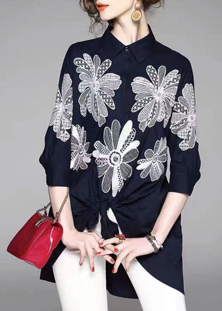 Handmade Gray Texture Peter Pan Collar Embroidered Asymmetrical Design Cotton Long Shirt Half Sleeve