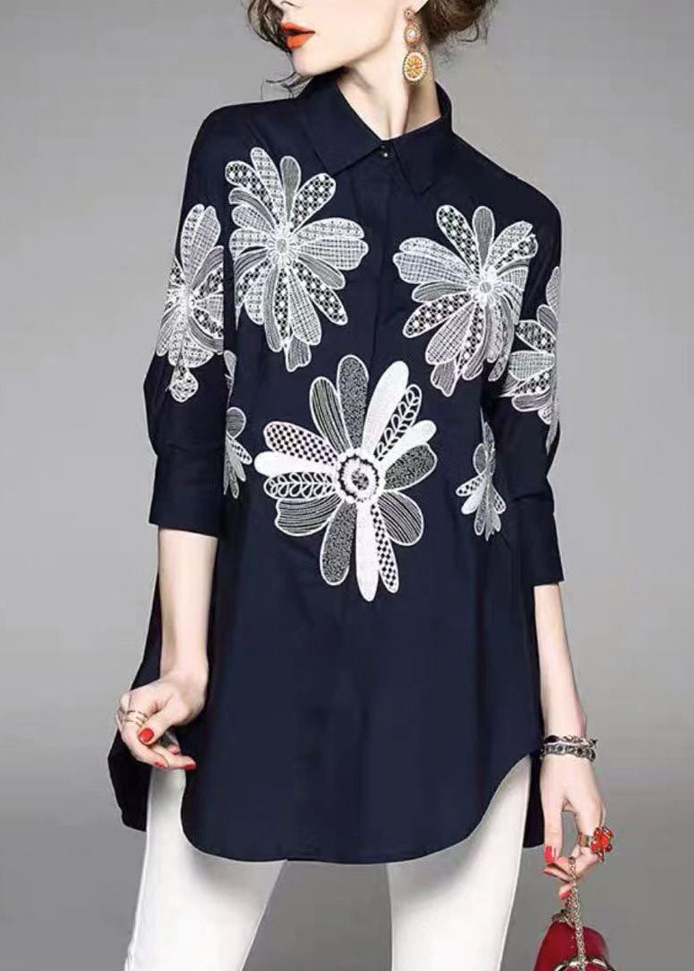 Handmade Gray Texture Peter Pan Collar Embroidered Asymmetrical Design Cotton Long Shirt Half Sleeve