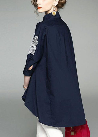 Handmade Gray Texture Peter Pan Collar Embroidered Asymmetrical Design Cotton Long Shirt Half Sleeve