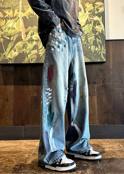 Handmade Blue Pockets Ripped Denim Pants Clothing Fall