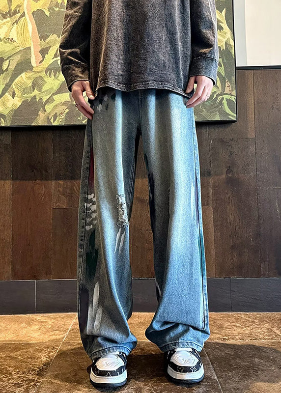 Handmade Blue Pockets Ripped Denim Pants Clothing Fall
