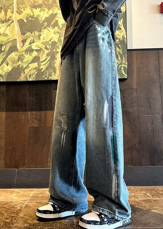 Handmade Blue Pockets Ripped Denim Pants Clothing Fall