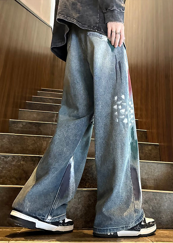 Handmade Blue Pockets Ripped Denim Pants Clothing Fall