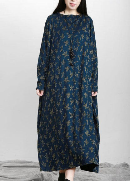 Handmade Blue Print Long Sleeve Fall Dress