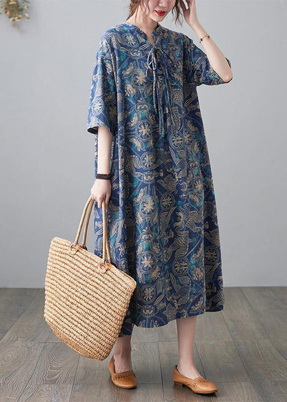 Handmade Blue Print Loose Maxi Summer Cotton Linen Dress