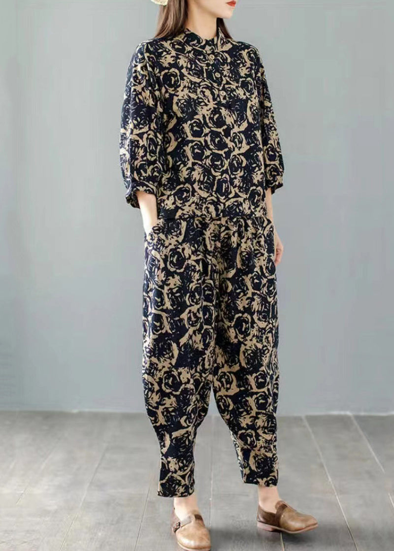 Handmade Blue Print Top and Harem Pants Two Pieces Set Spring