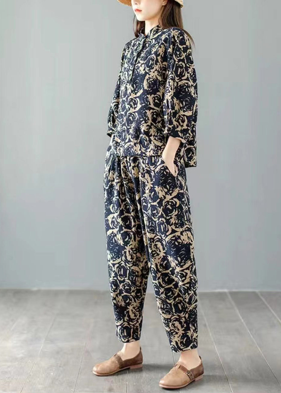 Handmade Blue Print Top and Harem Pants Two Pieces Set Spring