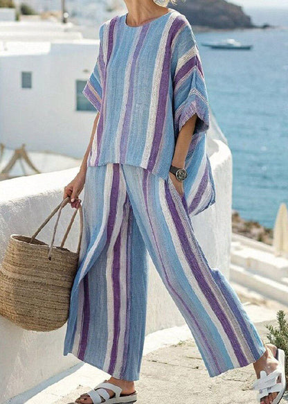 Handmade Blue Striped Low High Design T Shirts and Wide Leg Pants Two Pieces Set Half Sleeve