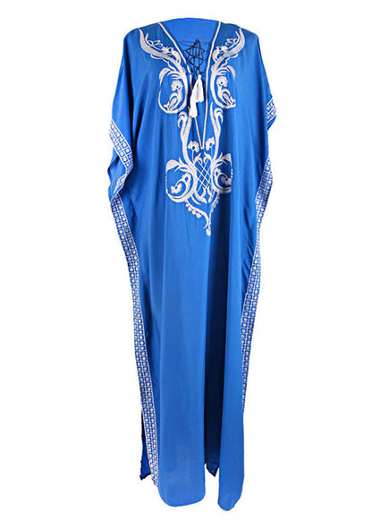 Handmade Blue V Neck Embroideried Side Open Maxi Beachdress Summer