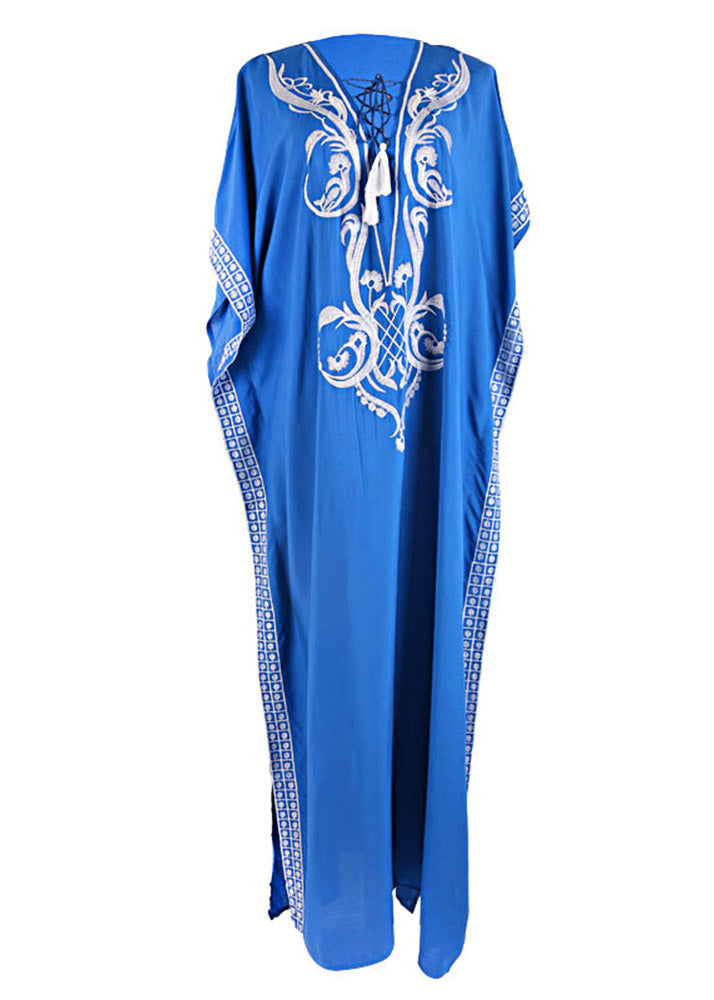 Handmade Blue V Neck Embroideried Side Open Maxi Beachdress Summer