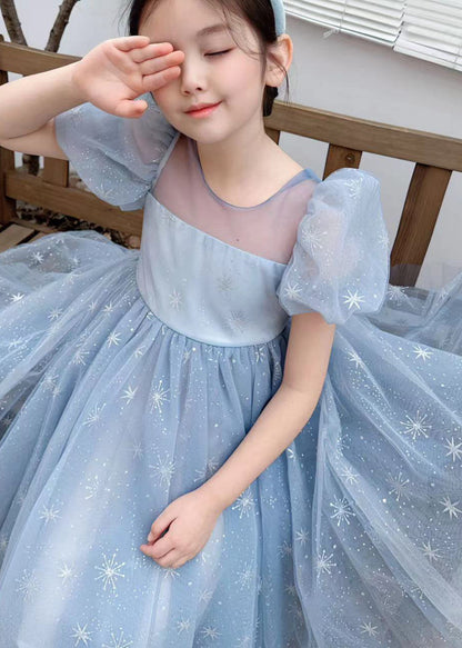 Handmade Blue Wrinkled Bow Embroideried Tulle Baby Dresses Summer