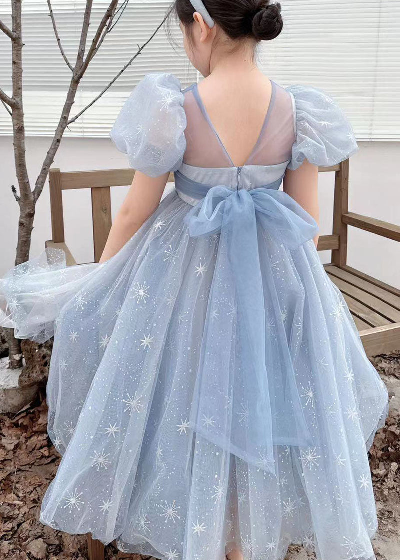 Handmade Blue Wrinkled Bow Embroideried Tulle Baby Dresses Summer