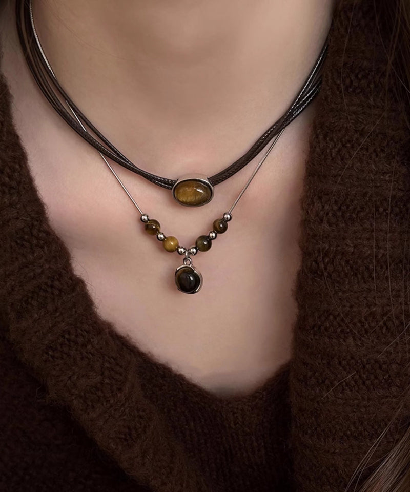 Handmade Brown Alloy Tiger Eye Stone Tassel Two Piece Set Pendant Necklace Wi005
